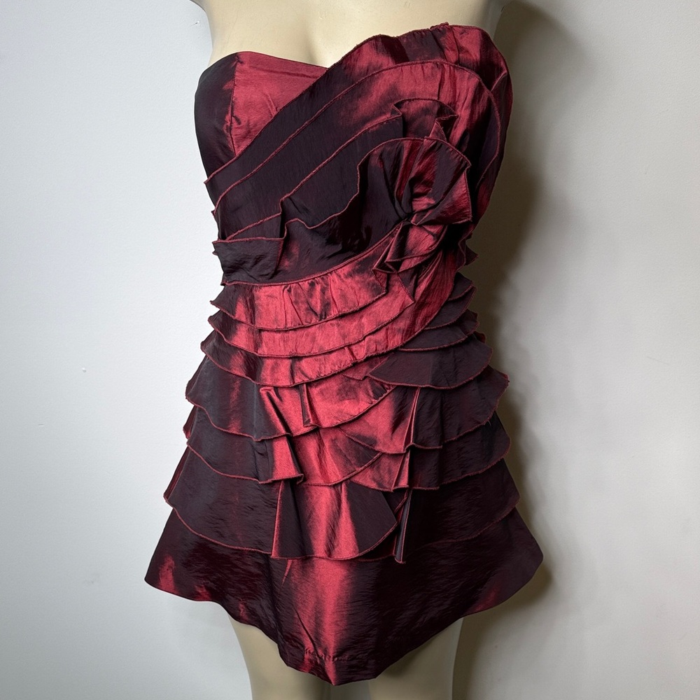 BCBGeneration Strapless Ruffle Mini Dress in Burgundy and Black